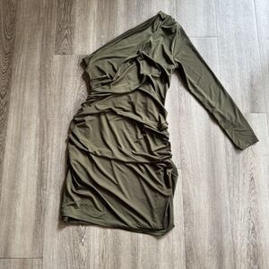Express Body Contour One Shoulder Mini Dress Olive Green Smooth Sculpt Size S